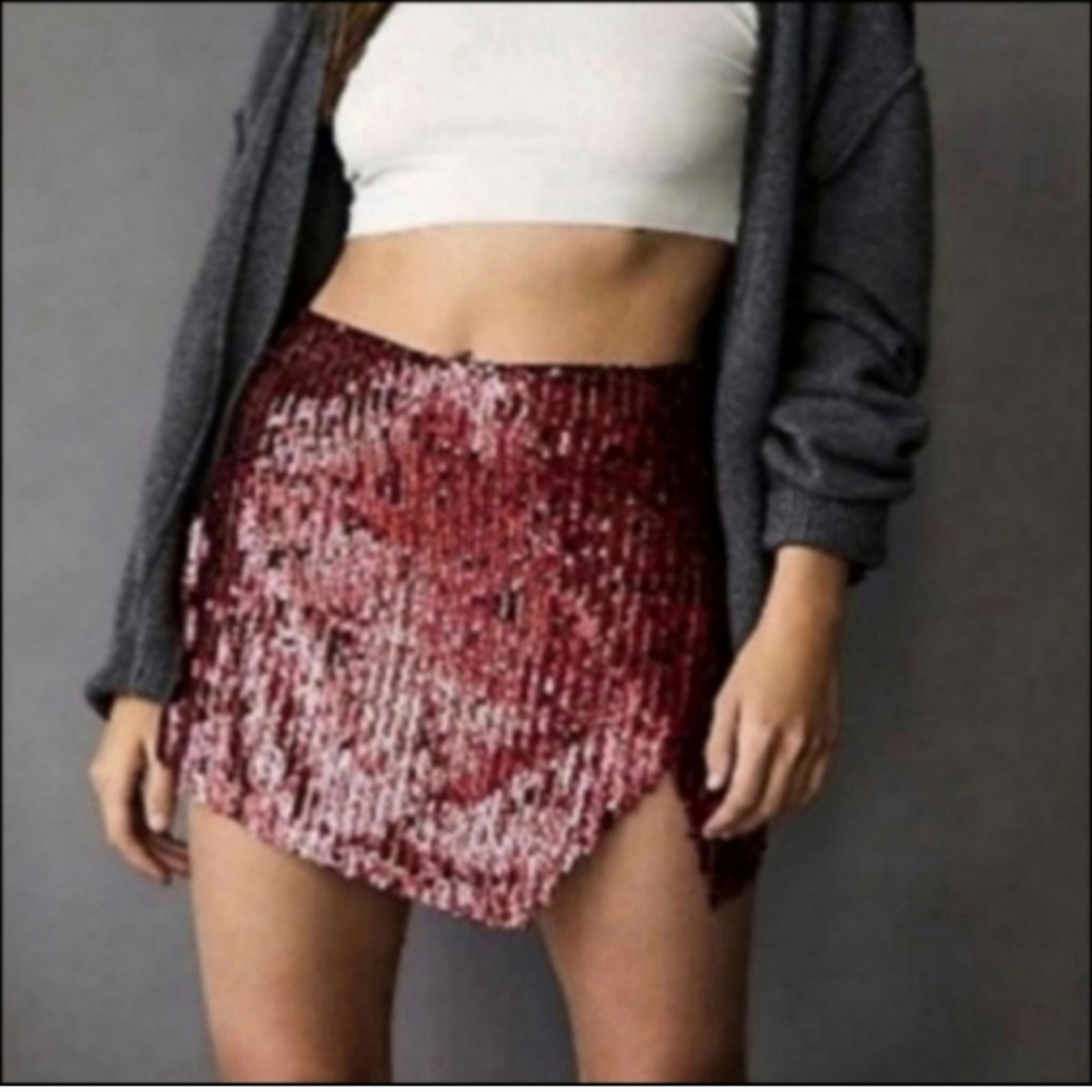 Free People Glowin in the Dark Mini Skirt in Fig Red Combo Sequin Wrap Metallic
